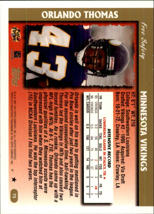 1997 Topps #73 Orlando Thomas back image