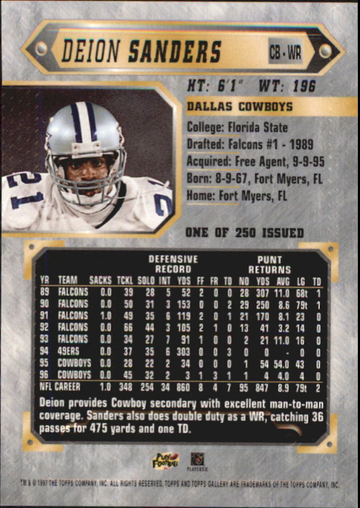 1997 Topps Gallery Player's Private Issue #86 Deion Sanders back image