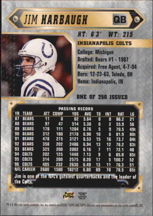 1997 Topps Gallery Player's Private Issue #114 Jim Harbaugh back image