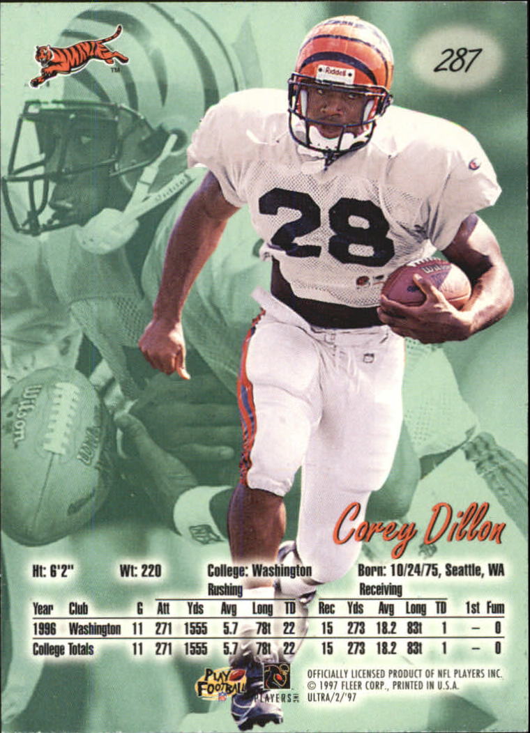 1997 Ultra #287 Corey Dillon back image