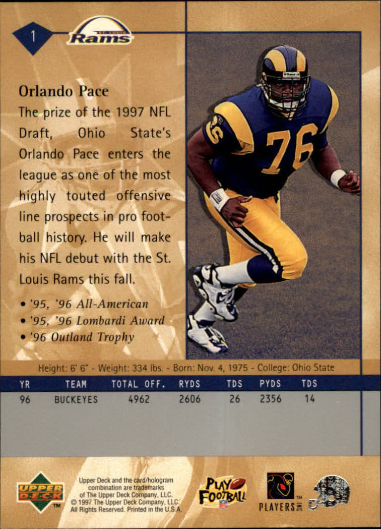 1997 Upper Deck #1 Orlando Pace RC back image