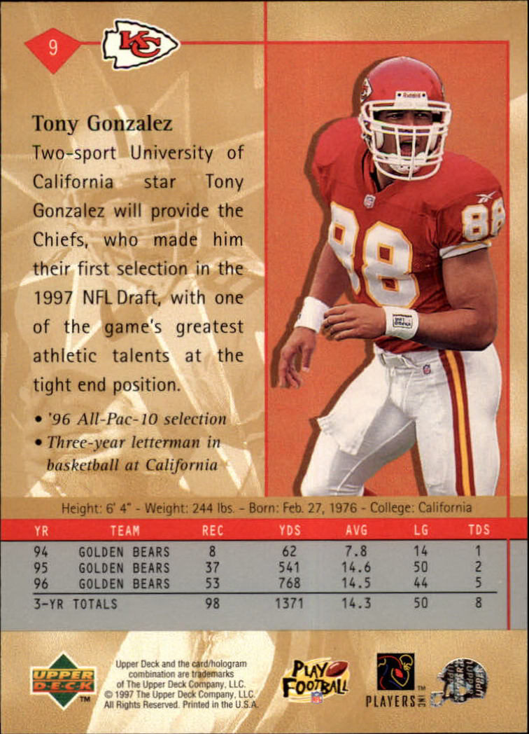 1997 Upper Deck #9 Tony Gonzalez RC back image