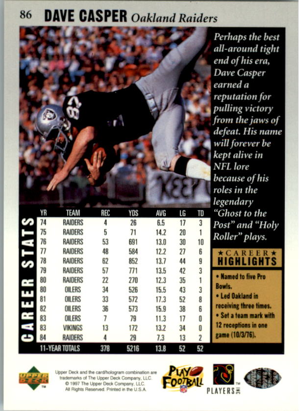 1997 Upper Deck Legends #86 Dave Casper back image