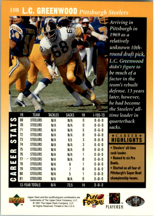 1997 Upper Deck Legends #108 L.C. Greenwood back image