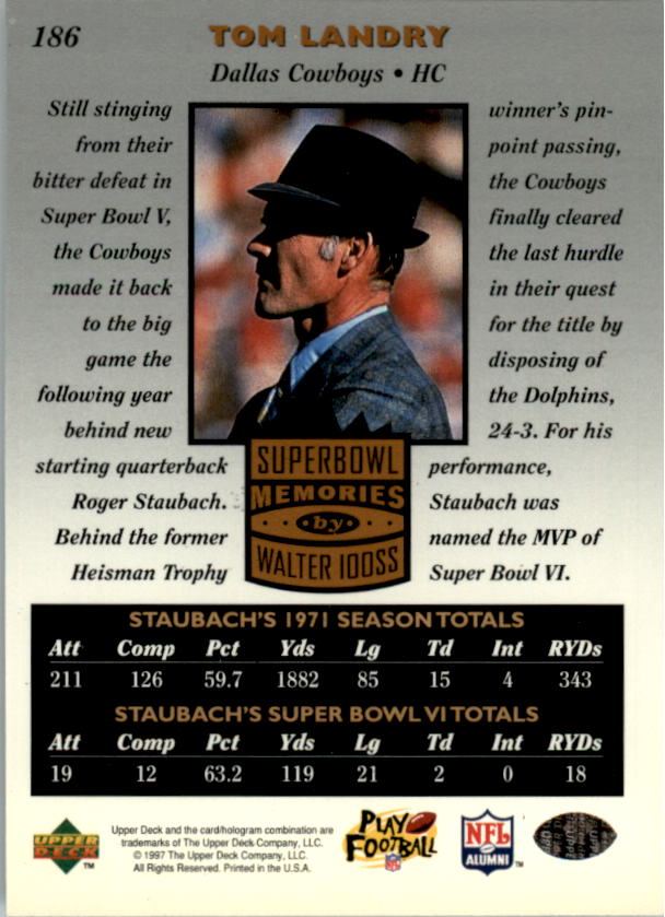 1997 Upper Deck Legends #186 Roger Staubach/Tom Landry SM back image