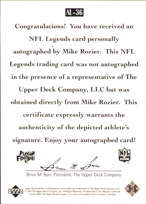 1997 Upper Deck Legends Autographs #AL36 Mike Rozier