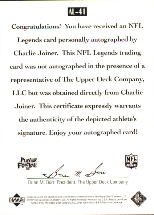 1997 Upper Deck Legends Autographs #AL41 Charlie Joiner back image