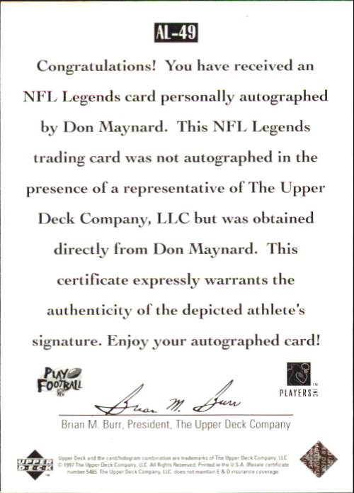 1997 Upper Deck Legends Autographs #AL49 Don Maynard back image