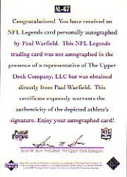 1997 Upper Deck Legends Autographs #AL67 Paul Warfield back image