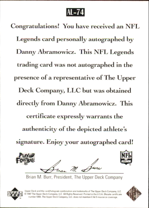 1997 Upper Deck Legends Autographs #AL74 Danny Abramowicz