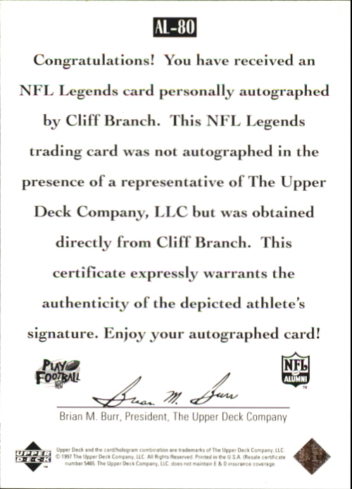 1997 Upper Deck Legends Autographs #AL80 Cliff Branch back image