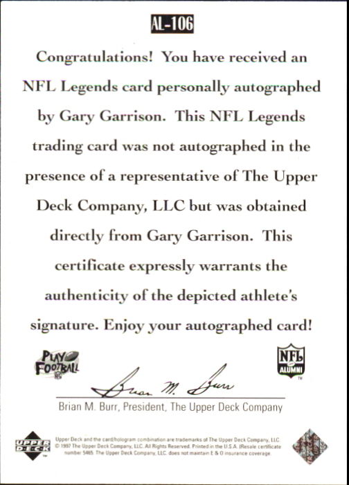 1997 Upper Deck Legends Autographs #AL106 Gary Garrison back image