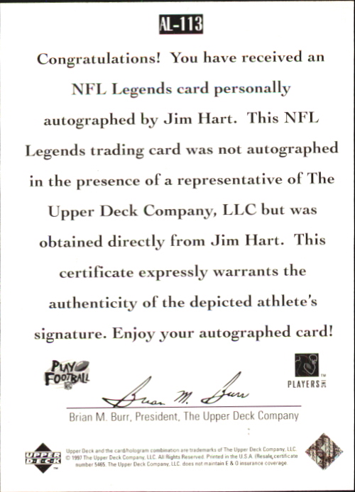 1997 Upper Deck Legends Autographs #AL113 Jim Hart back image