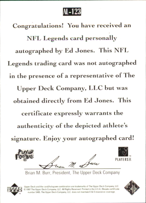 1997 Upper Deck Legends Autographs #AL123 Ed Too Tall Jones back image