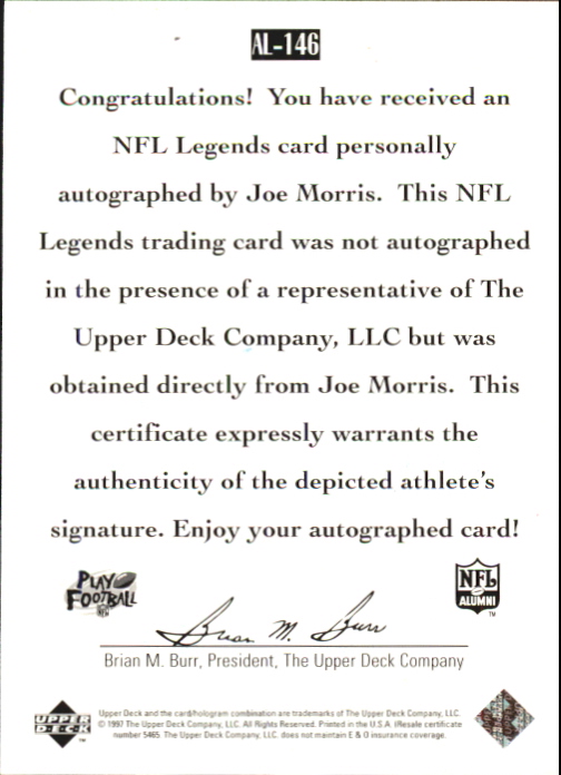 1997 Upper Deck Legends Autographs #AL146 Joe Morris back image