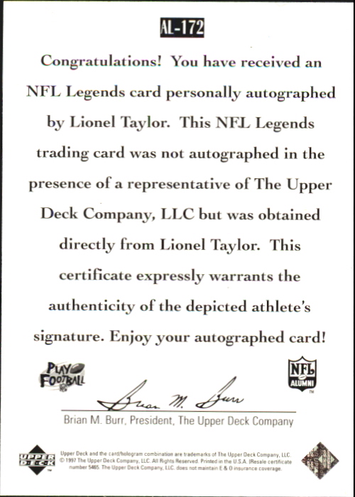 1997 Upper Deck Legends Autographs #AL172 Lionel Taylor