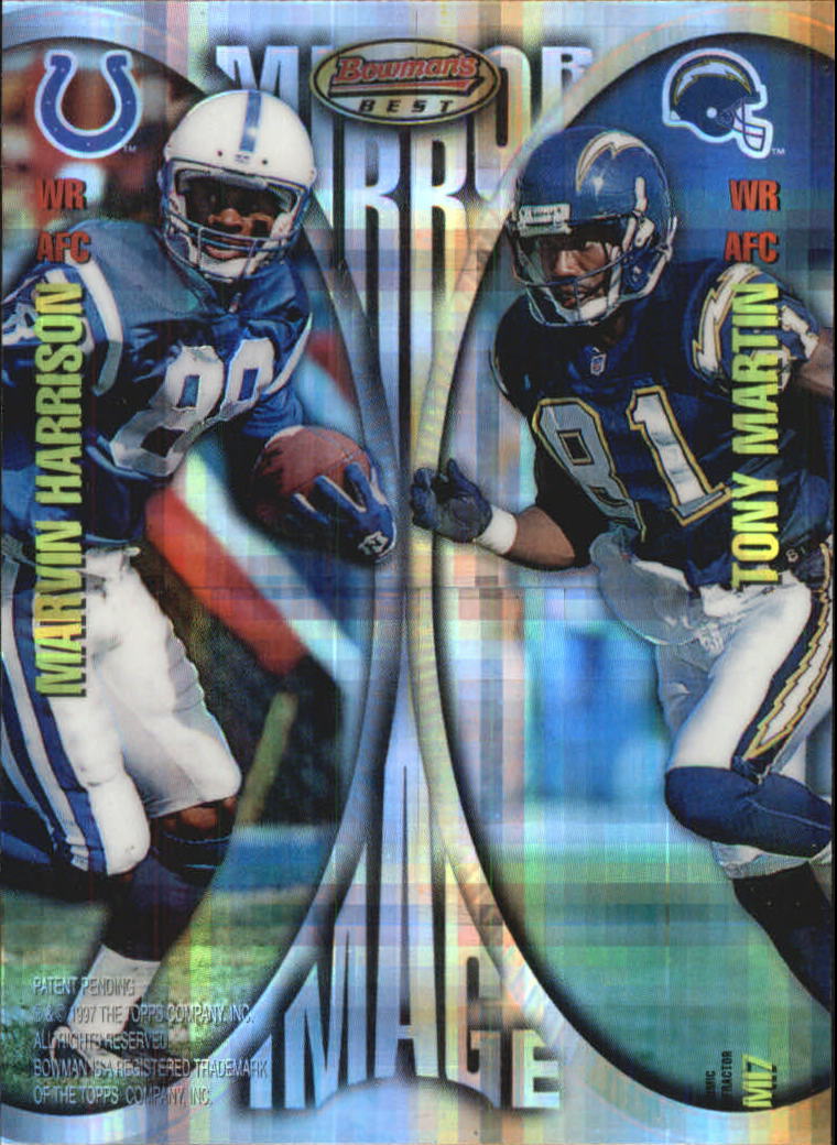 1997 Bowman's Best Mirror Images Atomic Refractors #MI7 Jerry Rice/Isaac Bruce/Tony Martin/Marvin Harrison back image