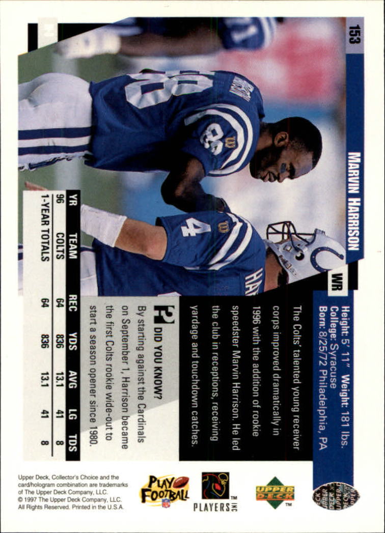 1997 Collector's Choice #153 Marvin Harrison back image