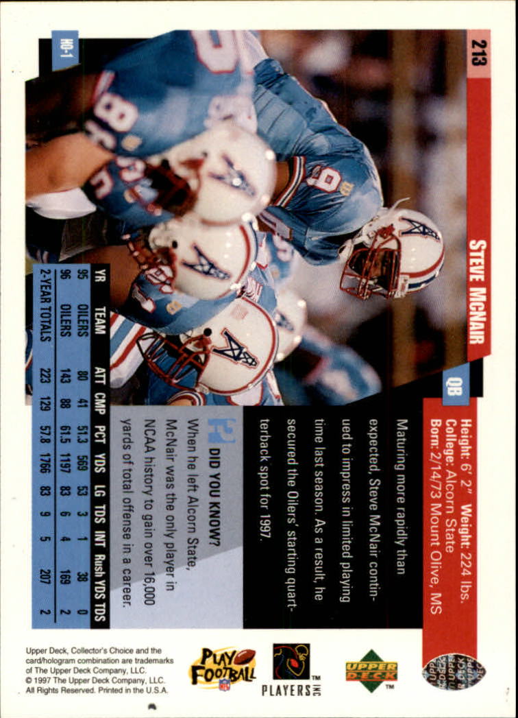 1997 Collector's Choice #213 Steve McNair back image