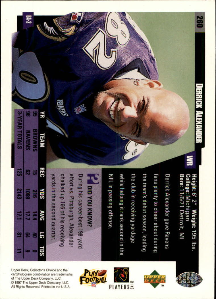 1997 Collector's Choice #260 Derrick Alexander WR back image