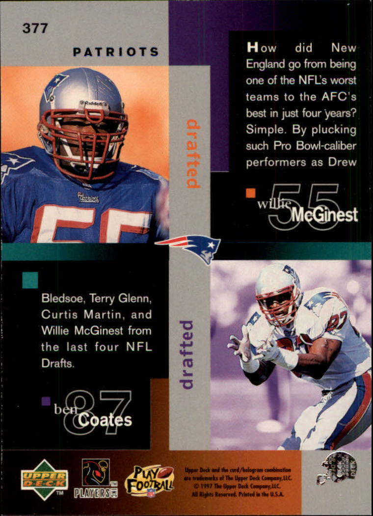 1997 Collector's Choice #377 Patriots BB/Terry Glenn/Drew Bledsoe/Curtis Martin/Willie McGinest/Ben Coates back image