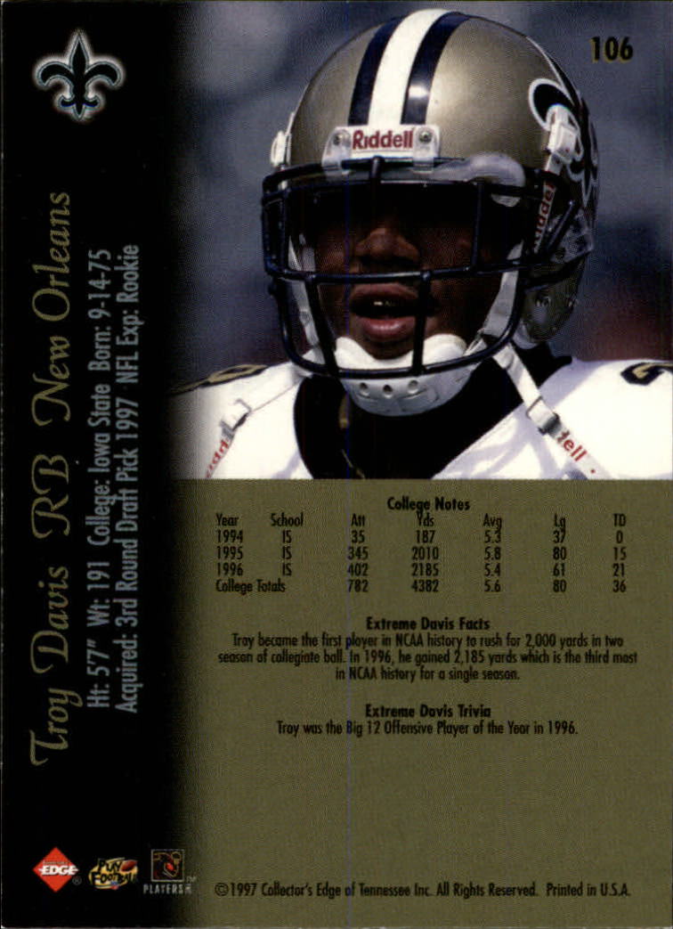 1997 Collector's Edge Extreme #106 Troy Davis RC back image