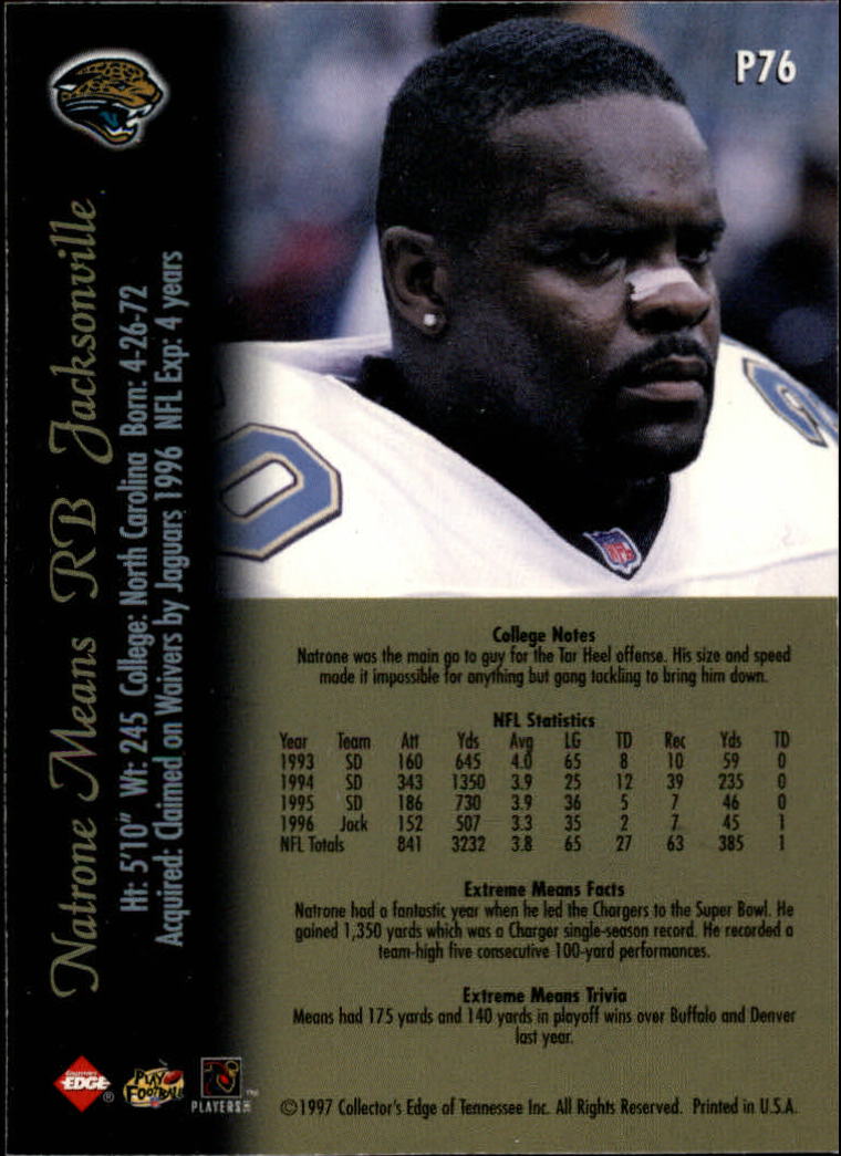 1997 Collector's Edge Extreme Foil #P76 Natrone Means G back image