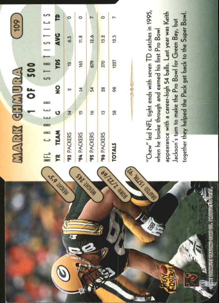 1997 Donruss Press Proofs Gold Die Cuts #109 Mark Chmura back image