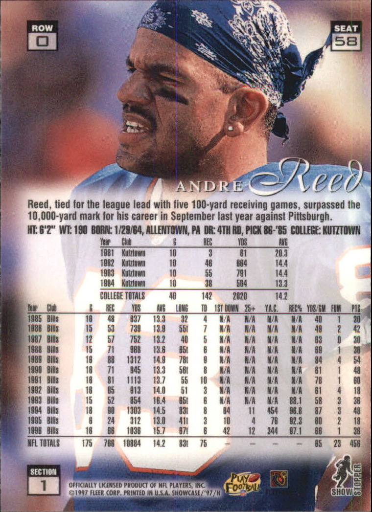 1997 Flair Showcase Row 0 #58 Andre Reed back image