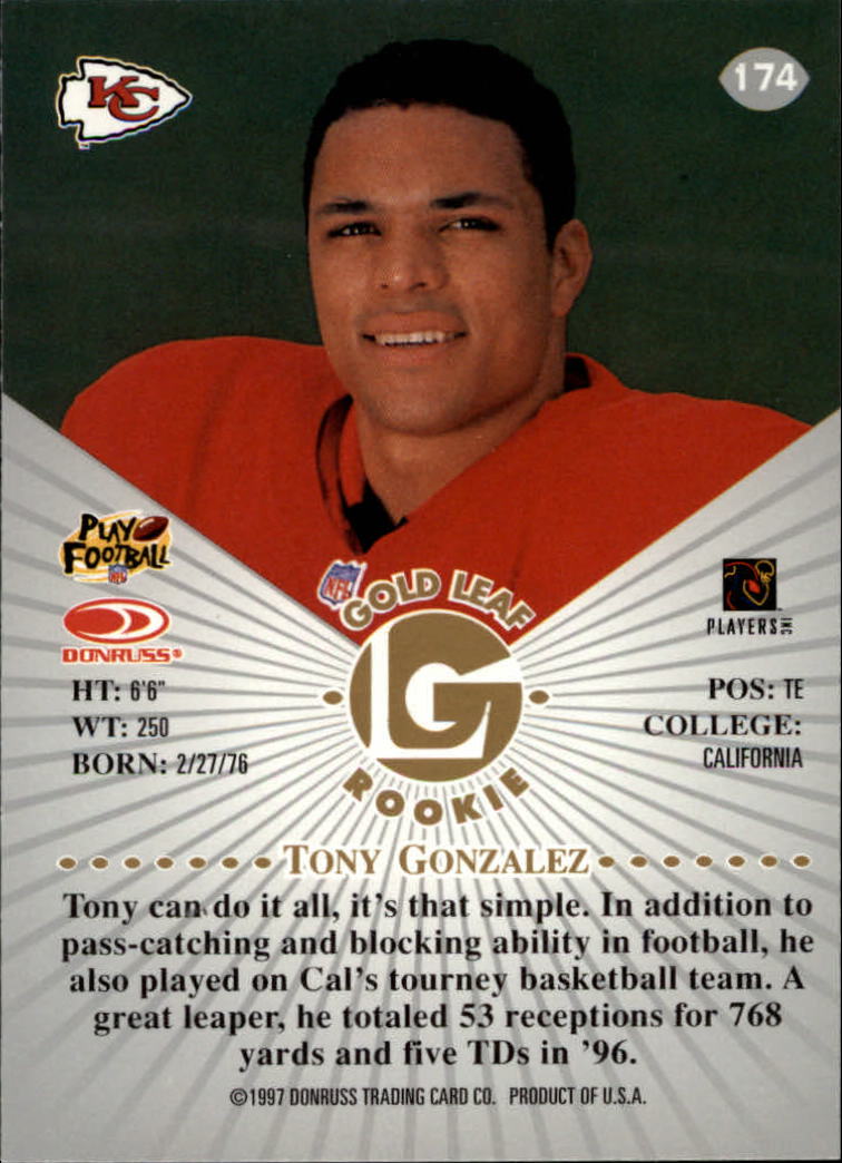 1997 Leaf #174 Tony Gonzalez RC back image