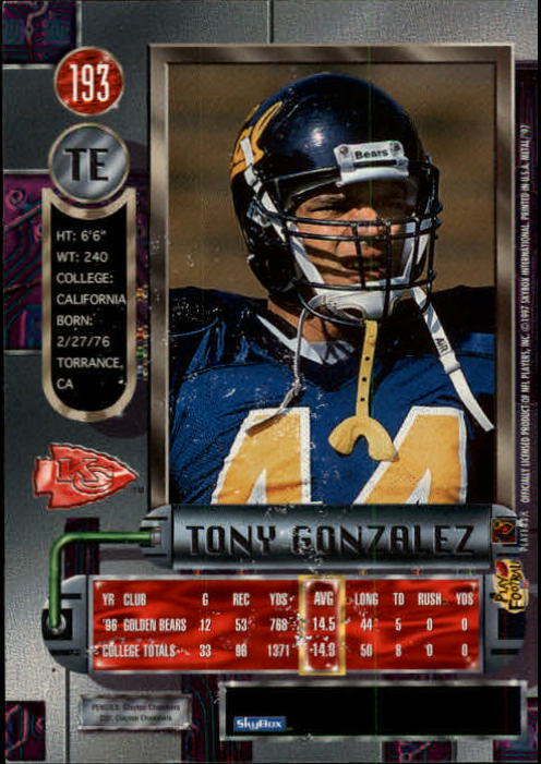 1997 Metal Universe #193 Tony Gonzalez RC back image