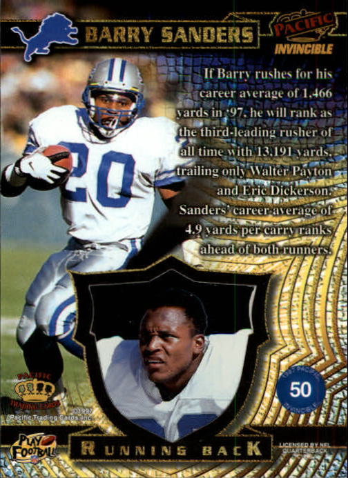 1997 Pacific Invincible #50 Barry Sanders back image