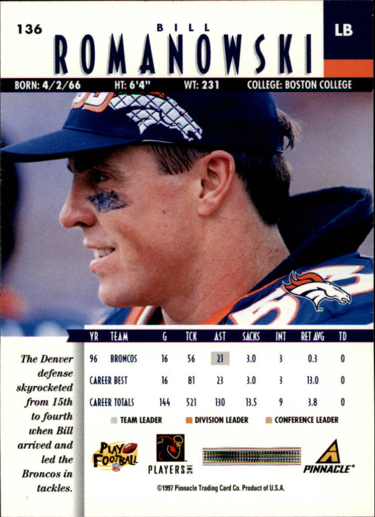 B7257- 1997 Pinnacle Footbal Cards 1-200 +Inserts -You Pick- 15+ FREE US SHIP - Picture 211 of 304