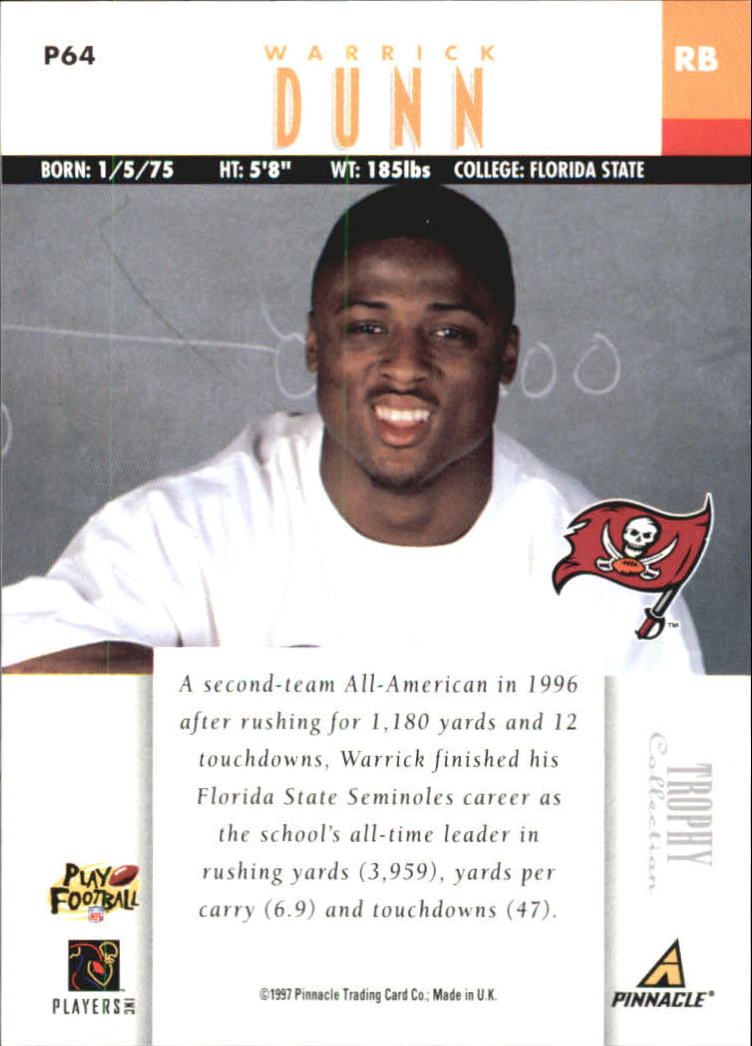 1997 Pinnacle Trophy Collection #P64 Warrick Dunn back image