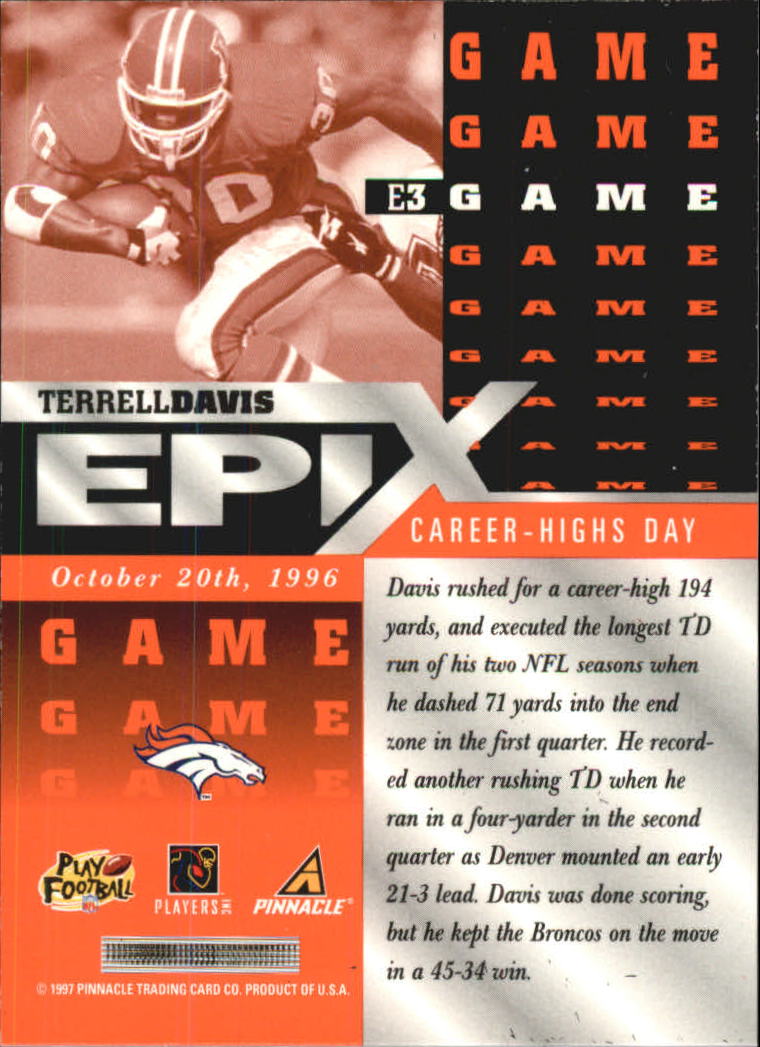 1997 Pinnacle Epix #E3 T.Davis GAME back image