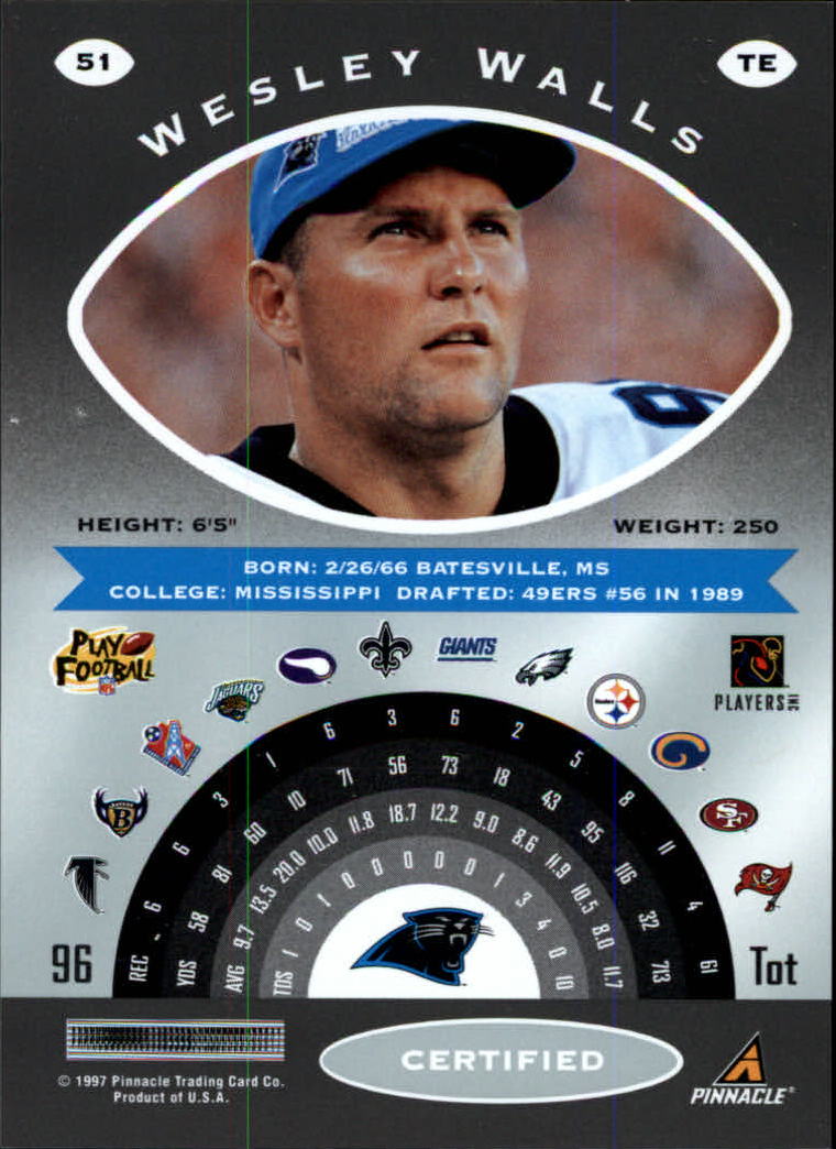 1997 Pinnacle Certified #51 Wesley Walls back image