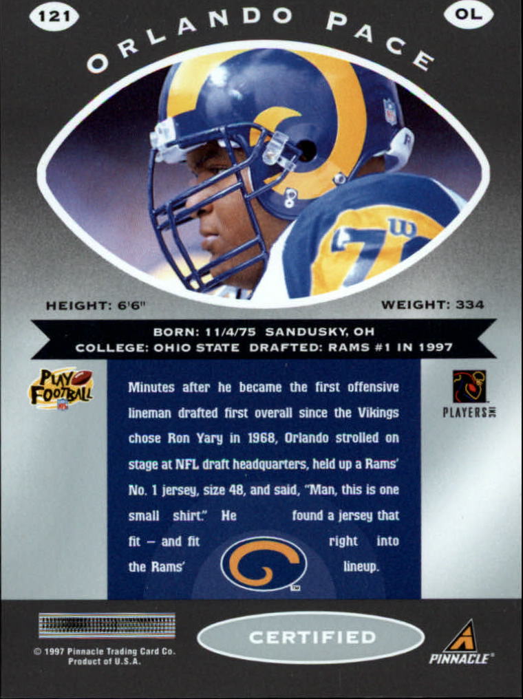 1997 Pinnacle Certified #121 Orlando Pace RC back image