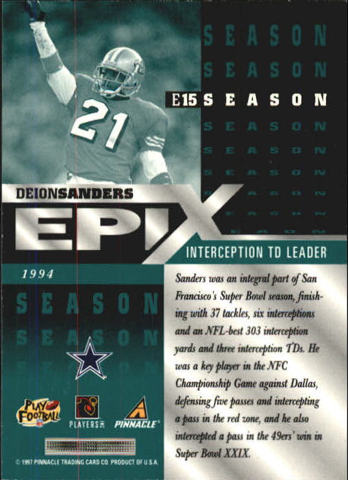 1997 Pinnacle Certified Epix Emerald #E15 D.Sanders SEASON back image