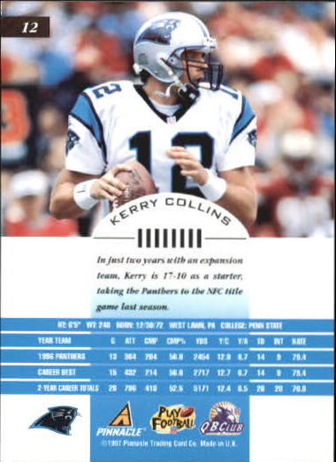 1997 Pinnacle Inscriptions Artist's Proofs #12 Kerry Collins back image