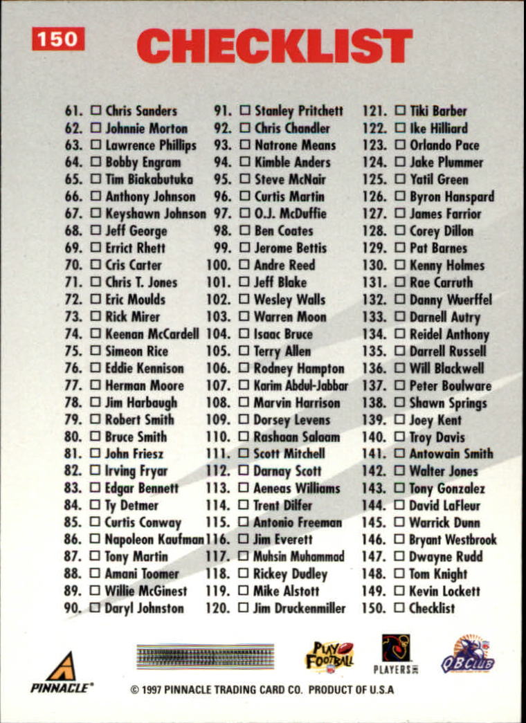 1997 Pinnacle Inside #150 Checklist - NM-MT