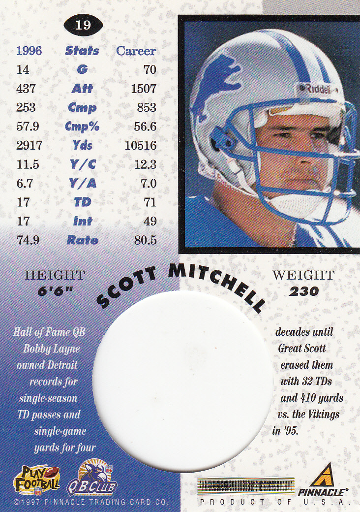 1997 Pinnacle Mint Die Cuts #19 Scott Mitchell back image