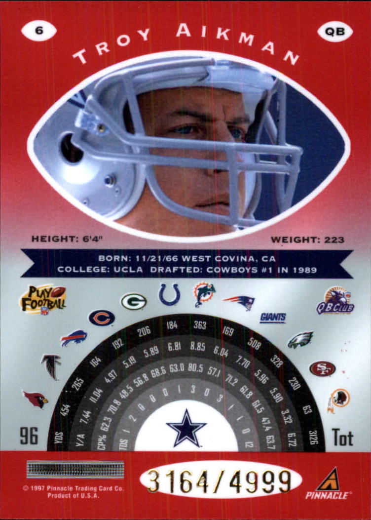 1997 Pinnacle Totally Certified Platinum Red #6 Troy Aikman back image