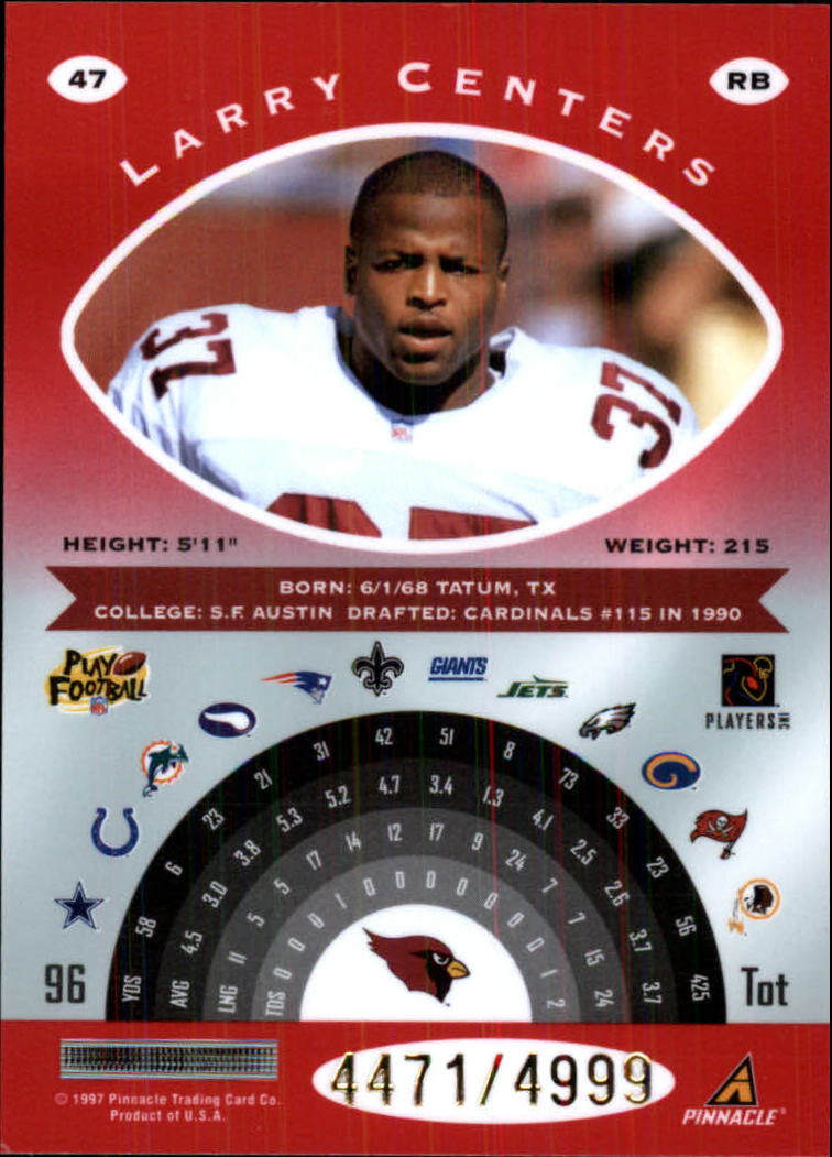 1997 Pinnacle Totally Certified Platinum Red #47 Larry Centers back image