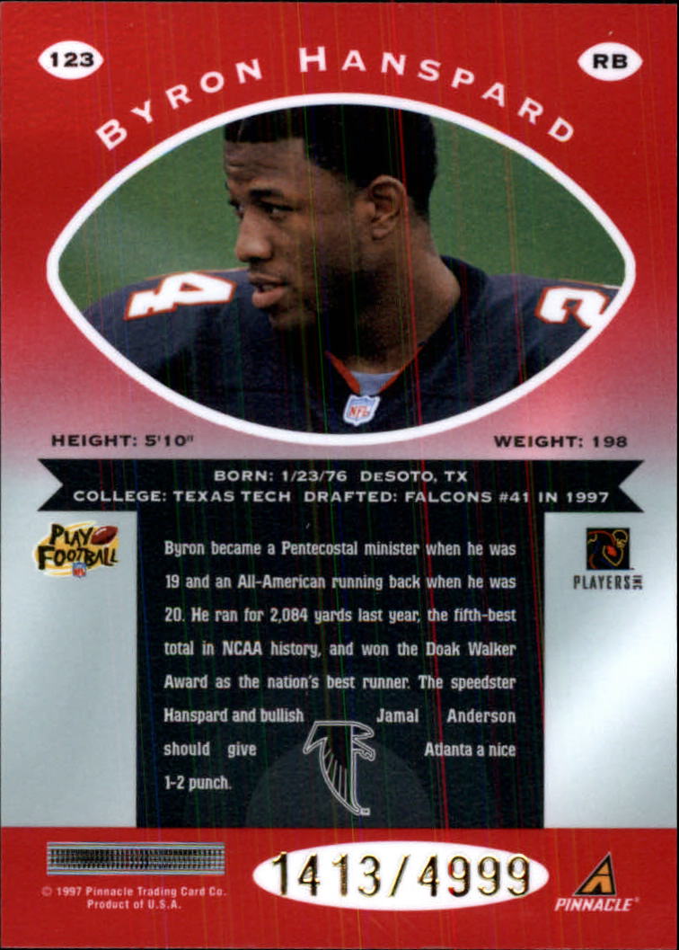 1997 Pinnacle Totally Certified Platinum Red #123 Byron Hanspard RC back image