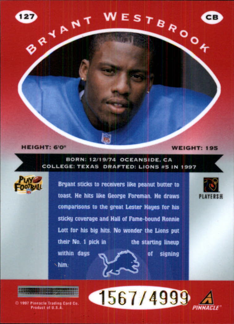 1997 Pinnacle Totally Certified Platinum Red #127 Bryant Westbrook RC back image