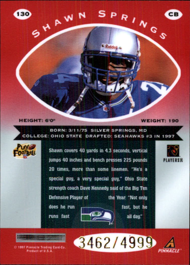 1997 Pinnacle Totally Certified Platinum Red #130 Shawn Springs RC back image