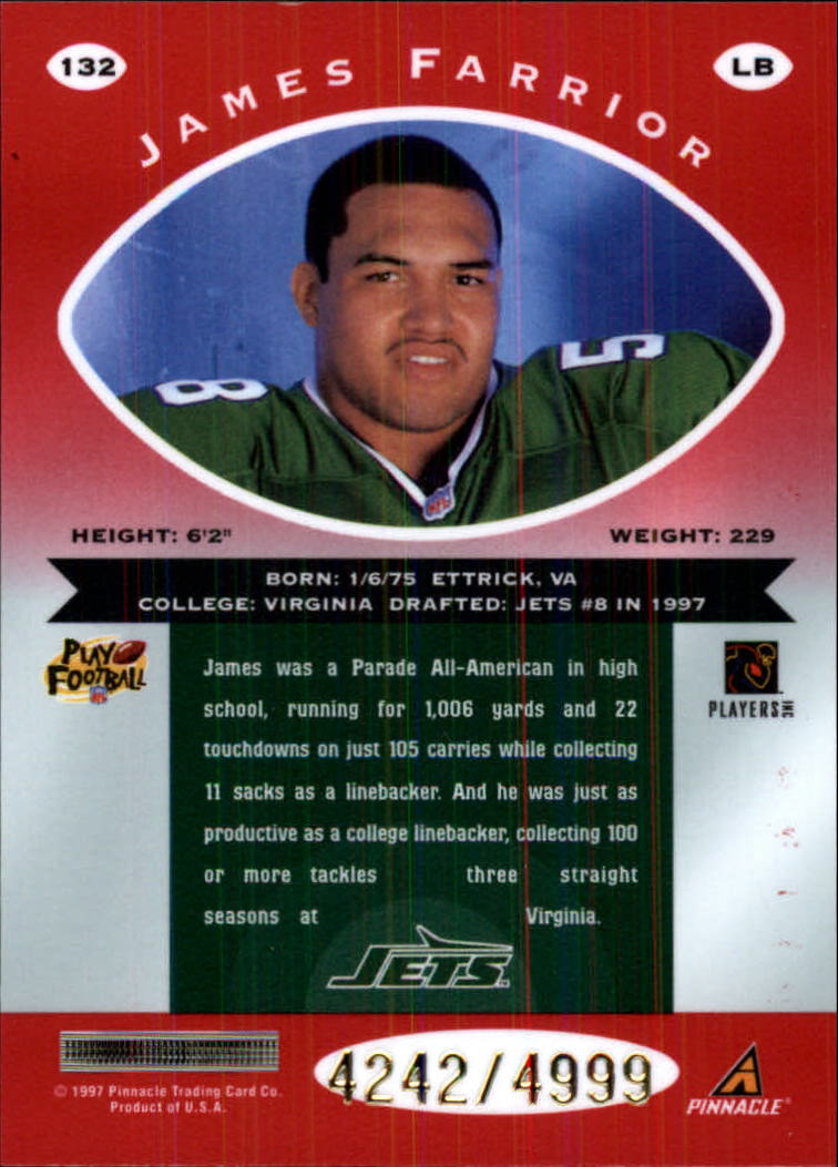 1997 Pinnacle Totally Certified Platinum Red #132 James Farrior RC back image