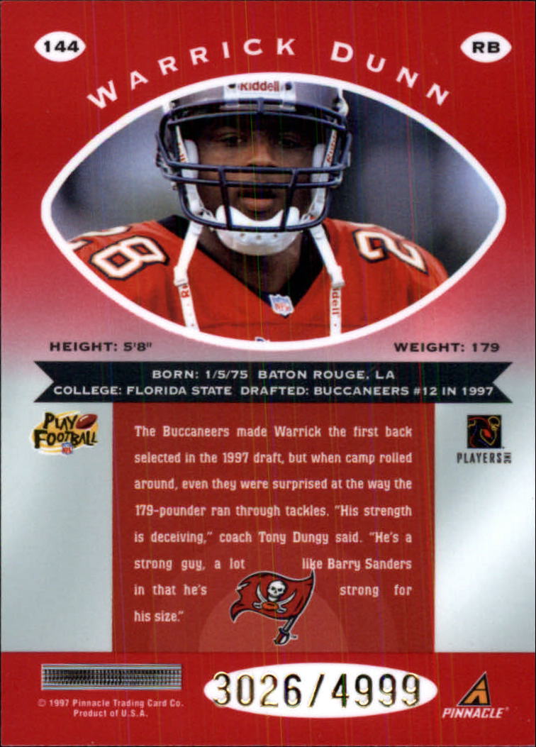 1997 Pinnacle Totally Certified Platinum Red #144 Warrick Dunn RC back image