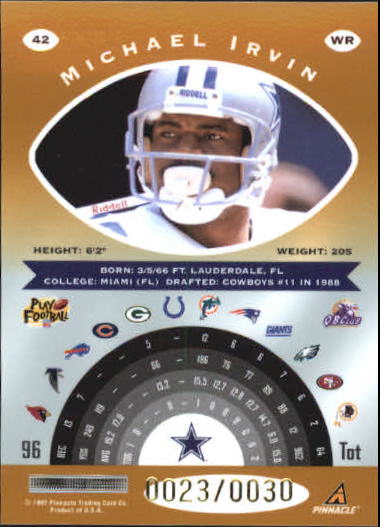 1997 Pinnacle Totally Certified Platinum Gold #42 Michael Irvin back image