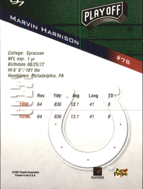 1997 Playoff Zone #78 Marvin Harrison back image